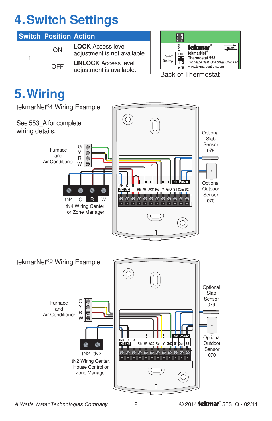 Switch settings, Wiring, Switch position action | Back of thermostat, Tekmarnet, 2 wiring example | tekmar 553 Thermostat Quick Start User Manual | Page 2 / 12