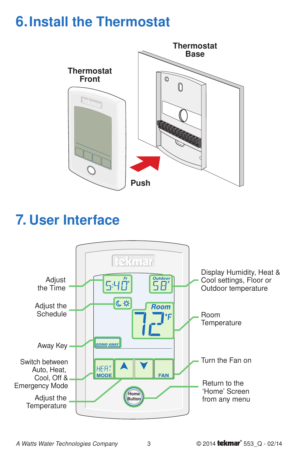 Install the thermostat, User interface | tekmar 553 Thermostat Quick Start User Manual | Page 3 / 12