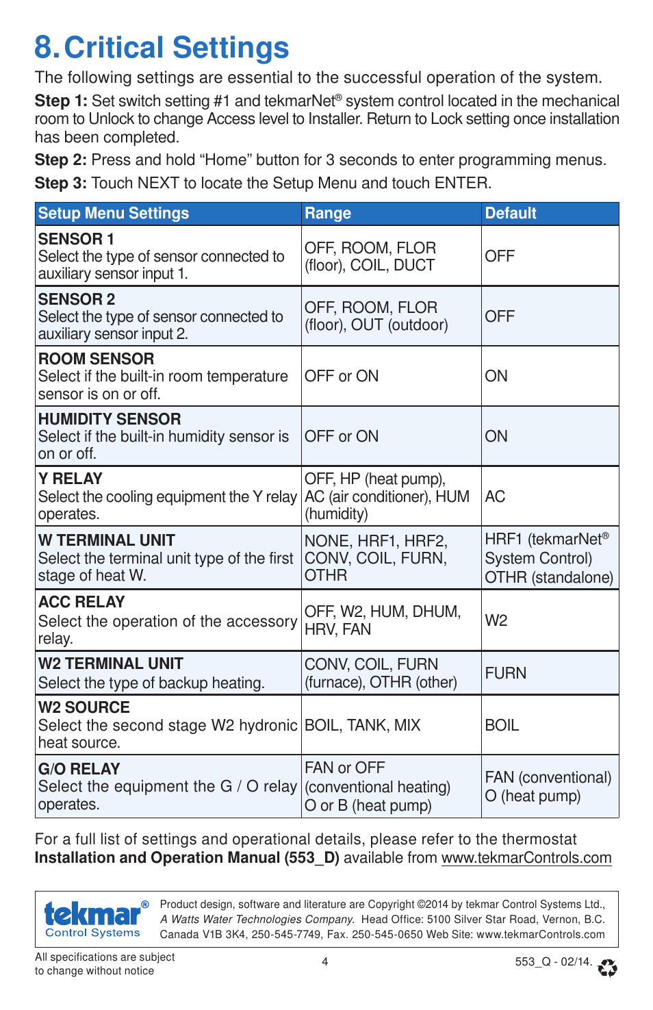 Critical settings | tekmar 553 Thermostat Quick Start User Manual | Page 4 / 12