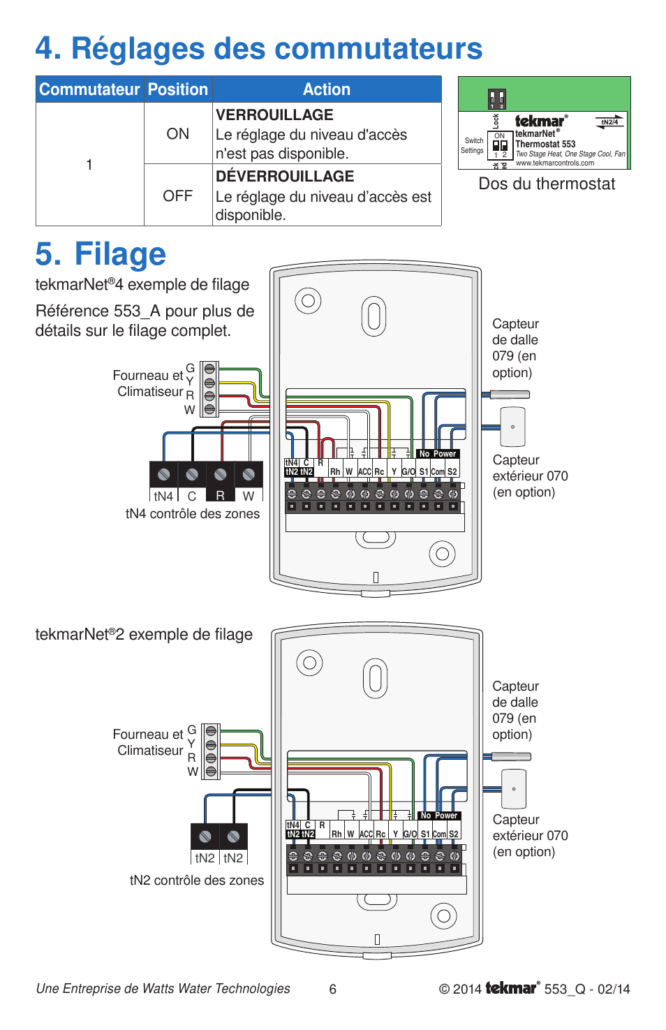 Filage, Réglages des commutateurs, Commutateur position action | Dos du thermostat, Tekmarnet, 2 exemple de filage | tekmar 553 Thermostat Quick Start User Manual | Page 6 / 12