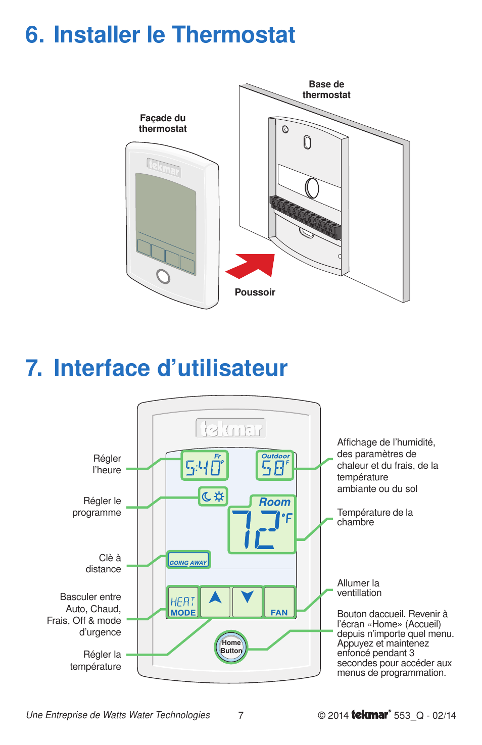 Installer le thermostat 7. interface d’utilisateur, Thermostat front push thermostat base | tekmar 553 Thermostat Quick Start User Manual | Page 7 / 12