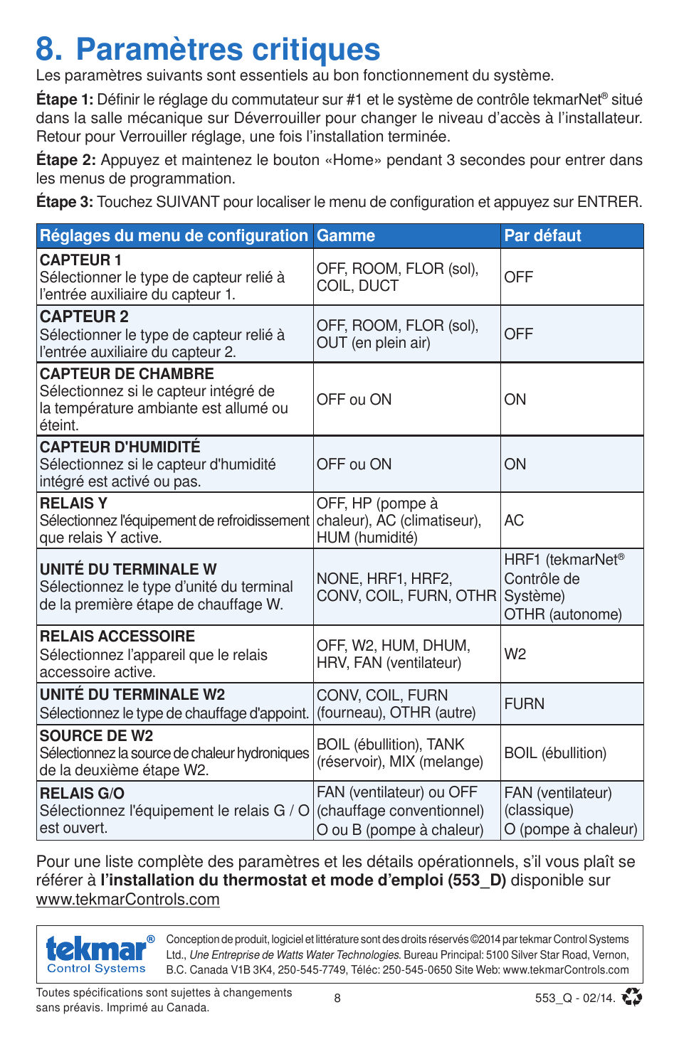 Paramètres critiques | tekmar 553 Thermostat Quick Start User Manual | Page 8 / 12