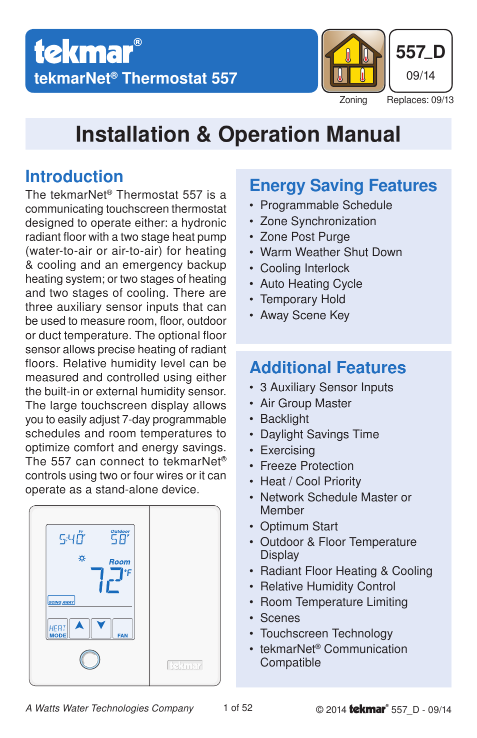 tekmar 557 Thermostat Installation User Manual | 52 pages
