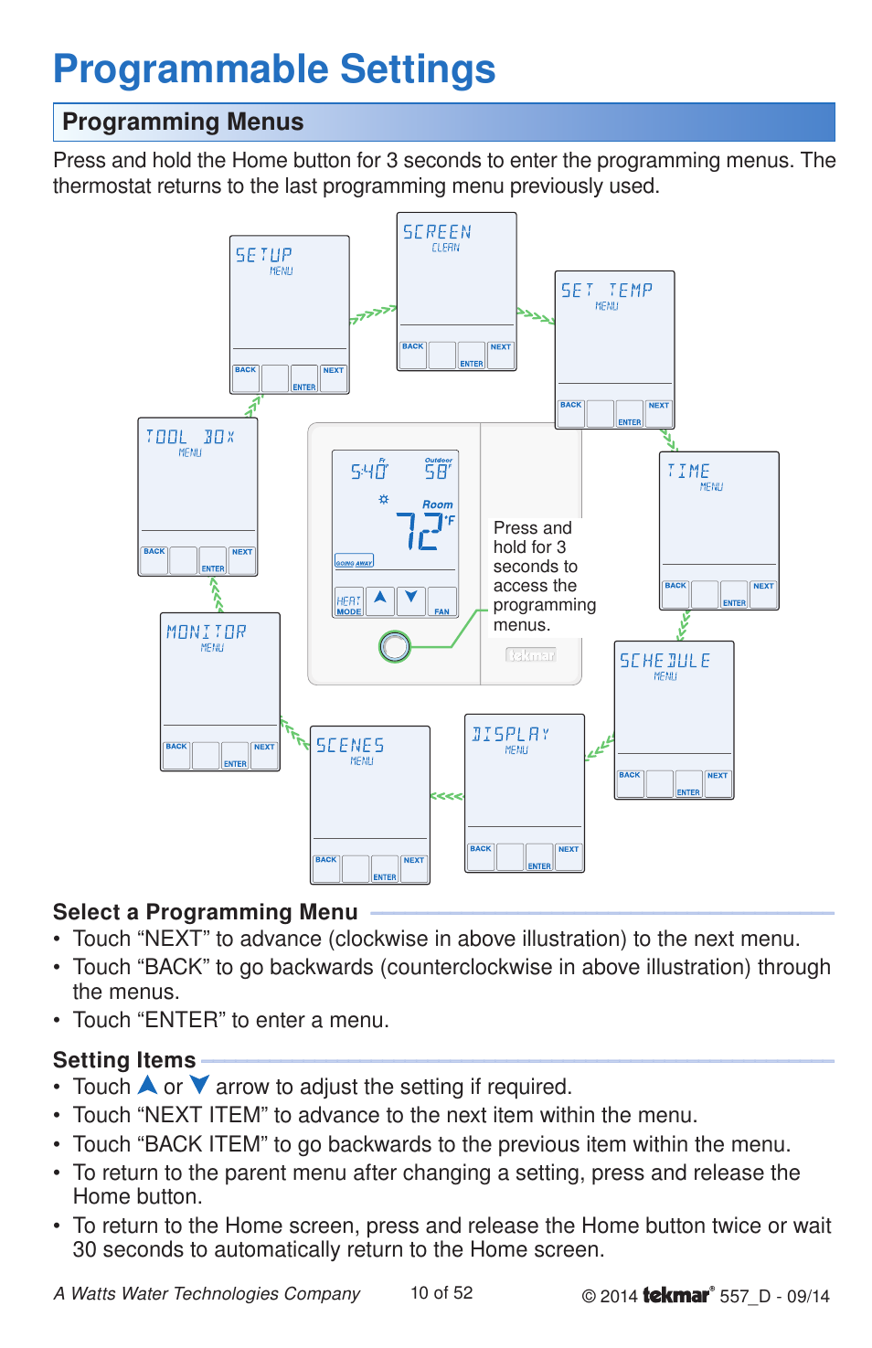 Programmable settings | tekmar 557 Thermostat Installation User Manual | Page 10 / 52