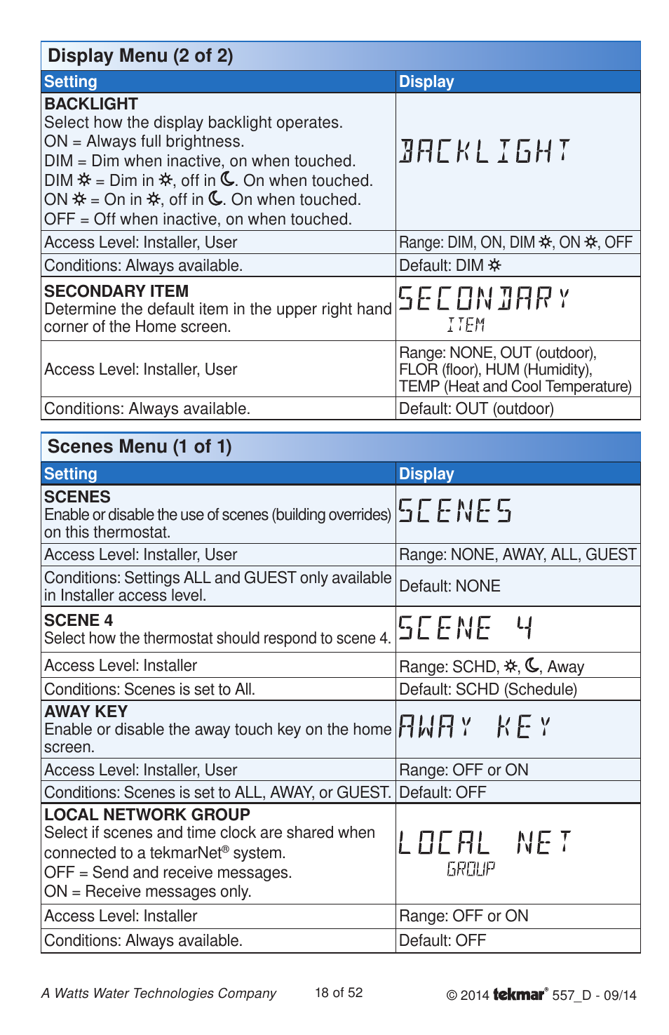 Scenes menu (1 of 1), Display menu (2 of 2) | tekmar 557 Thermostat Installation User Manual | Page 18 / 52