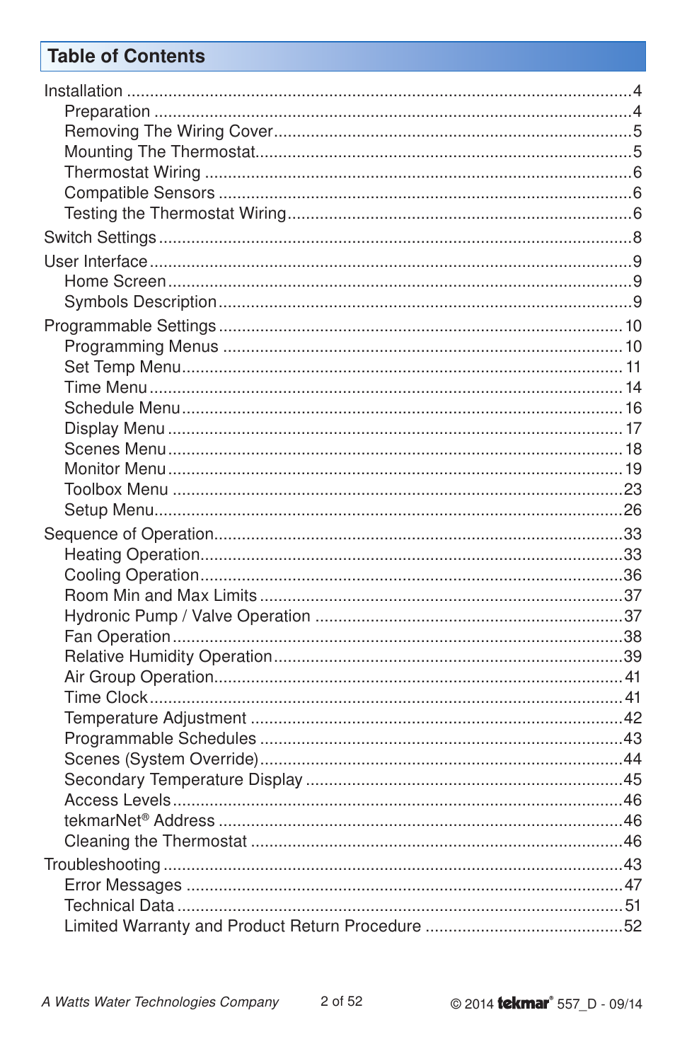 tekmar 557 Thermostat Installation User Manual | Page 2 / 52