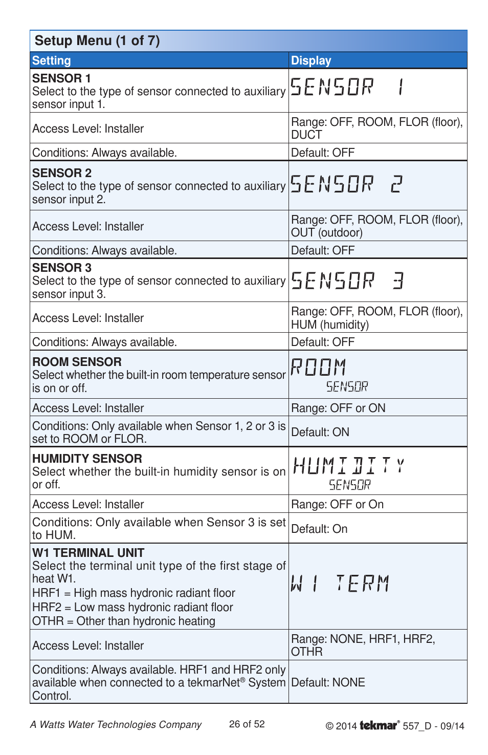 Setup menu (1 of 7) | tekmar 557 Thermostat Installation User Manual | Page 26 / 52
