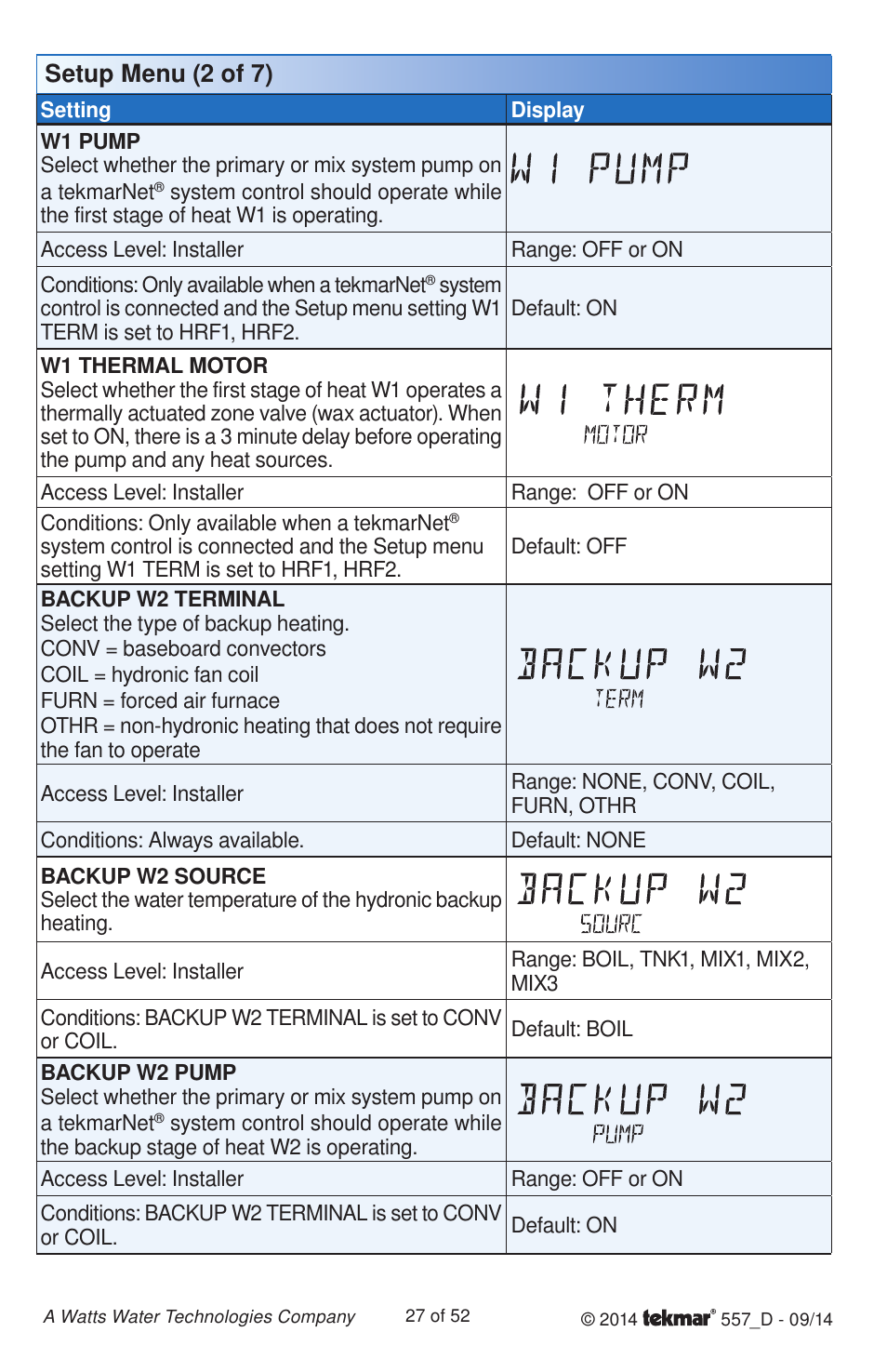 Setup menu (2 of 7) | tekmar 557 Thermostat Installation User Manual | Page 27 / 52