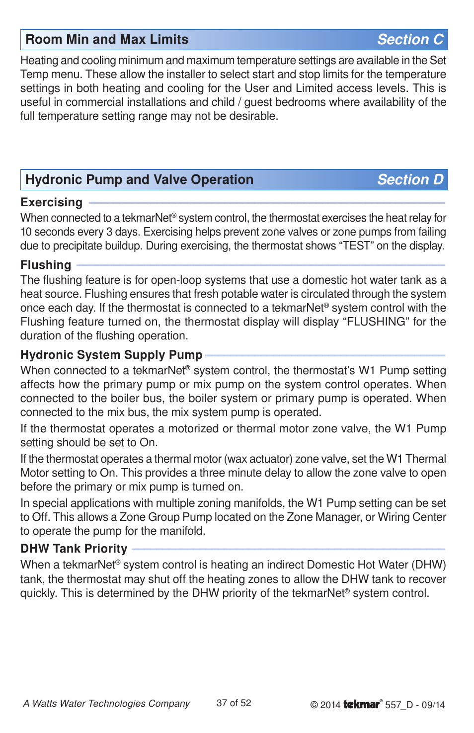 Room min and max limits, Hydronic pump and valve operation | tekmar 557 Thermostat Installation User Manual | Page 37 / 52