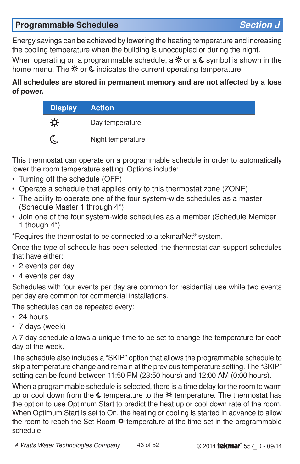 Programmable schedules | tekmar 557 Thermostat Installation User Manual | Page 43 / 52