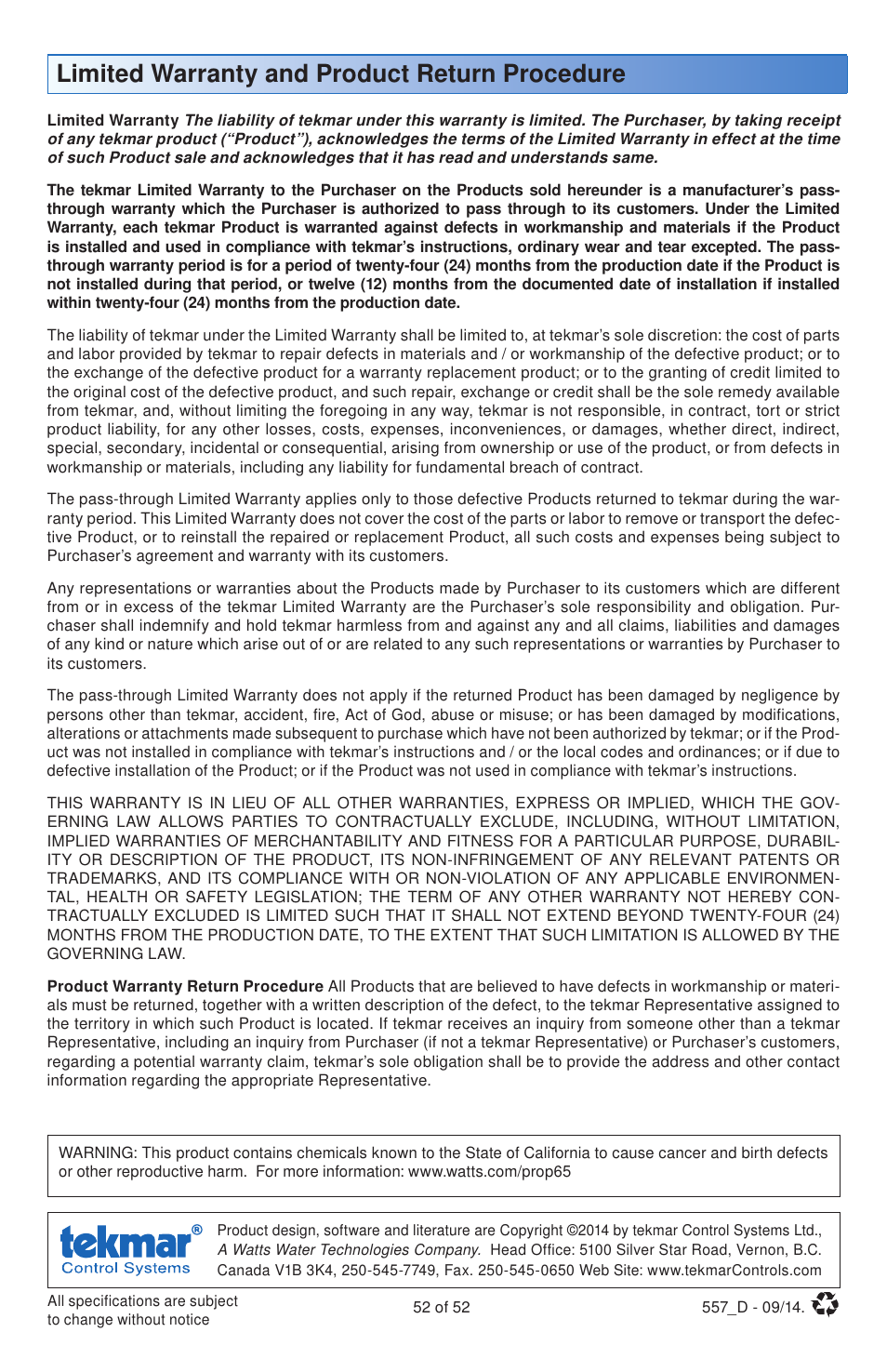Limited warranty and product return procedure | tekmar 557 Thermostat Installation User Manual | Page 52 / 52