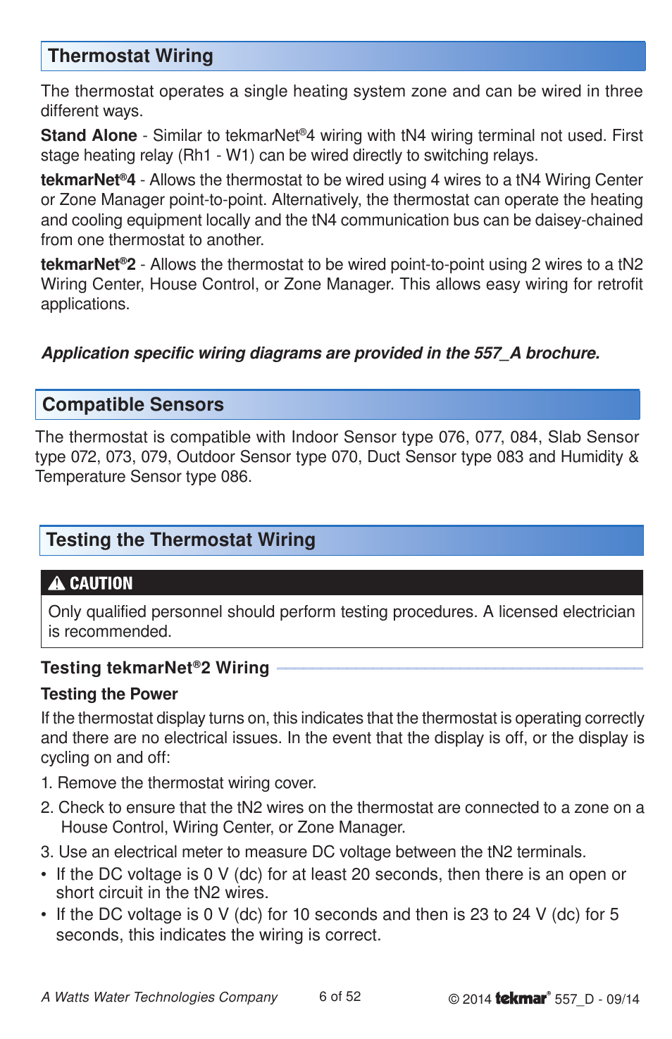 Thermostat wiring, Testing the thermostat wiring compatible sensors | tekmar 557 Thermostat Installation User Manual | Page 6 / 52