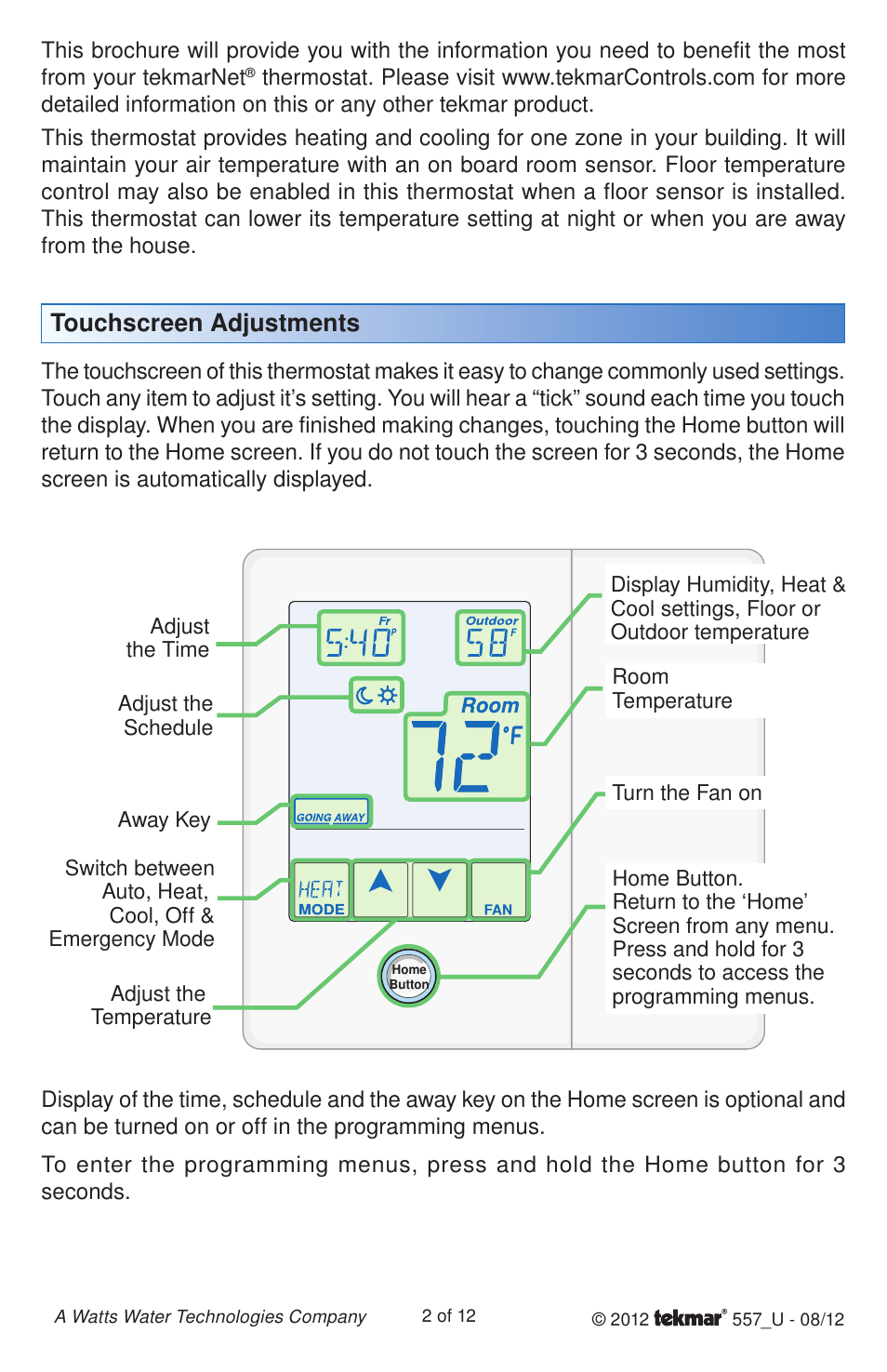 Touchscreen adjustments | tekmar 557 Thermostat User Manuals User Manual | Page 2 / 12