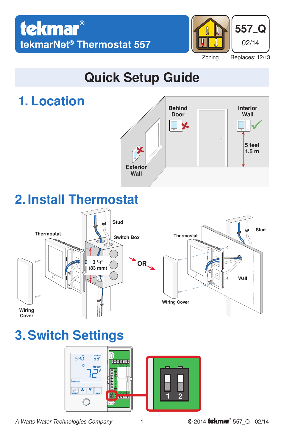 tekmar 557 Thermostat Quick Start User Manual | 12 pages