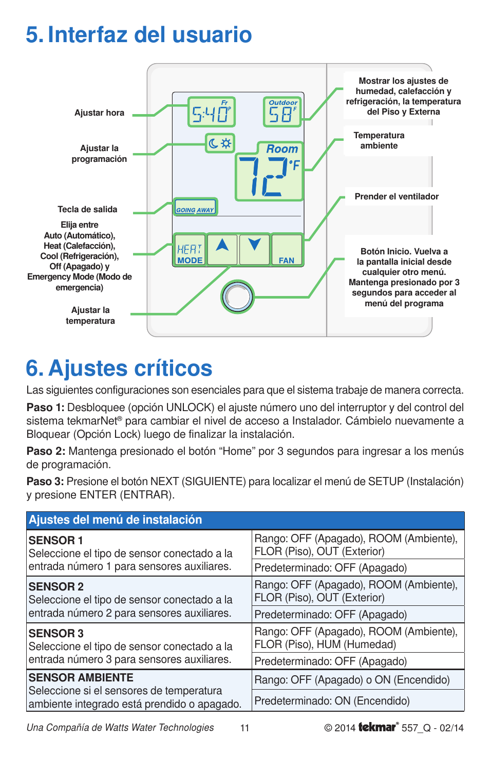 Interfaz del usuario 6. ajustes críticos, Ajustes del menú de instalación | tekmar 557 Thermostat Quick Start User Manual | Page 11 / 12