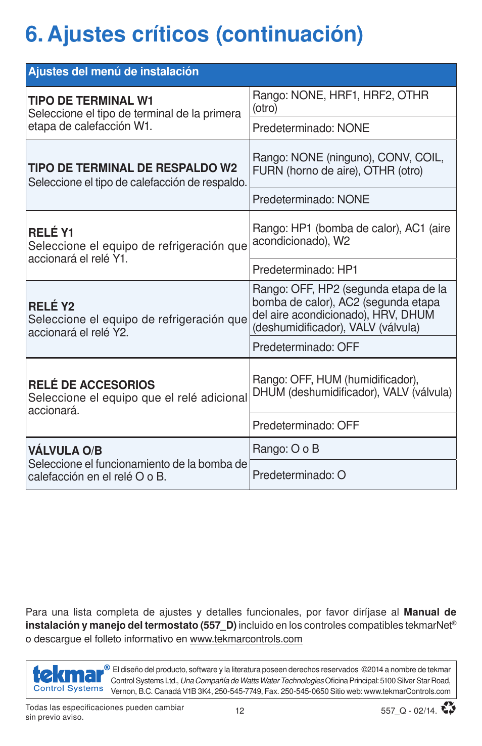 Ajustes críticos (continuación) | tekmar 557 Thermostat Quick Start User Manual | Page 12 / 12