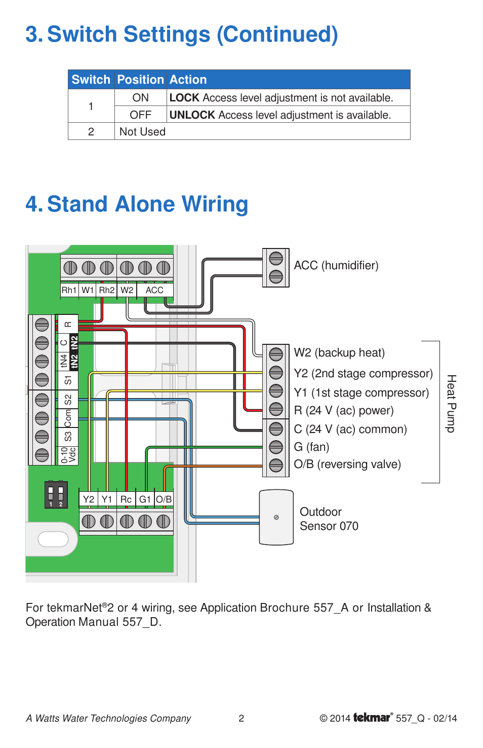 Switch settings (continued) 4. stand alone wiring | tekmar 557 Thermostat Quick Start User Manual | Page 2 / 12
