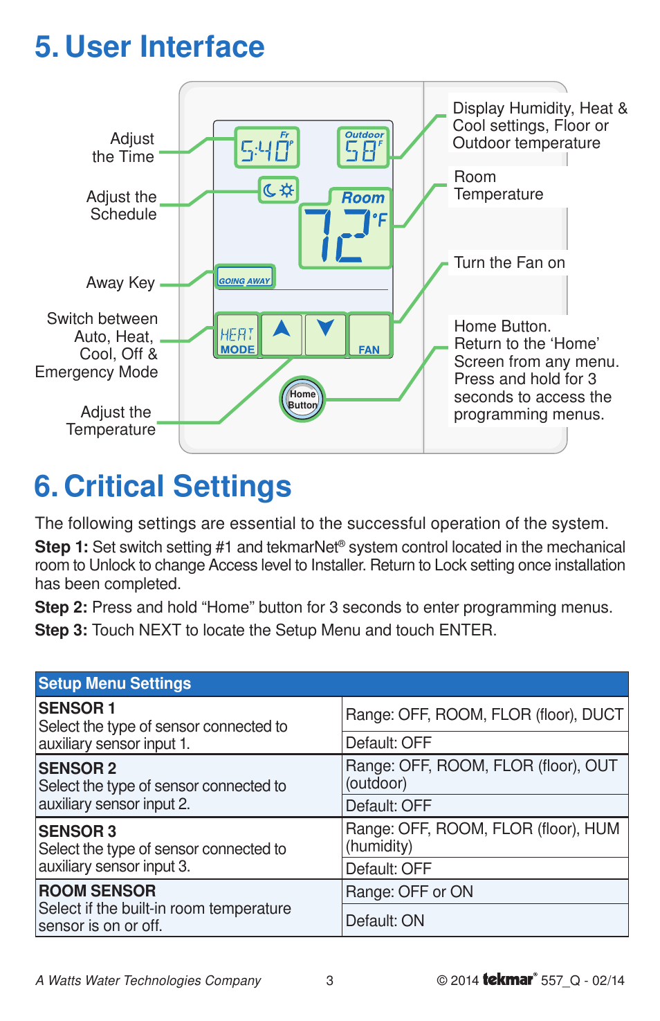 User interface 6. critical settings | tekmar 557 Thermostat Quick Start User Manual | Page 3 / 12