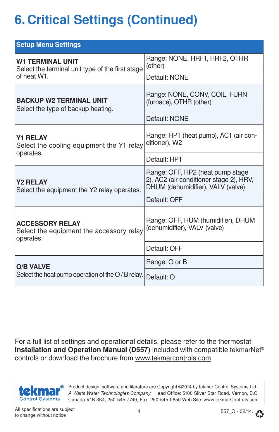 Critical settings (continued) | tekmar 557 Thermostat Quick Start User Manual | Page 4 / 12