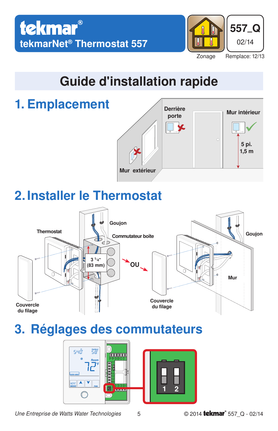 Emplacement 2. installer le thermostat, Réglages des commutateurs, Guide d'installation rapide | 557_q, Tekmarnet, Thermostat 557 | tekmar 557 Thermostat Quick Start User Manual | Page 5 / 12