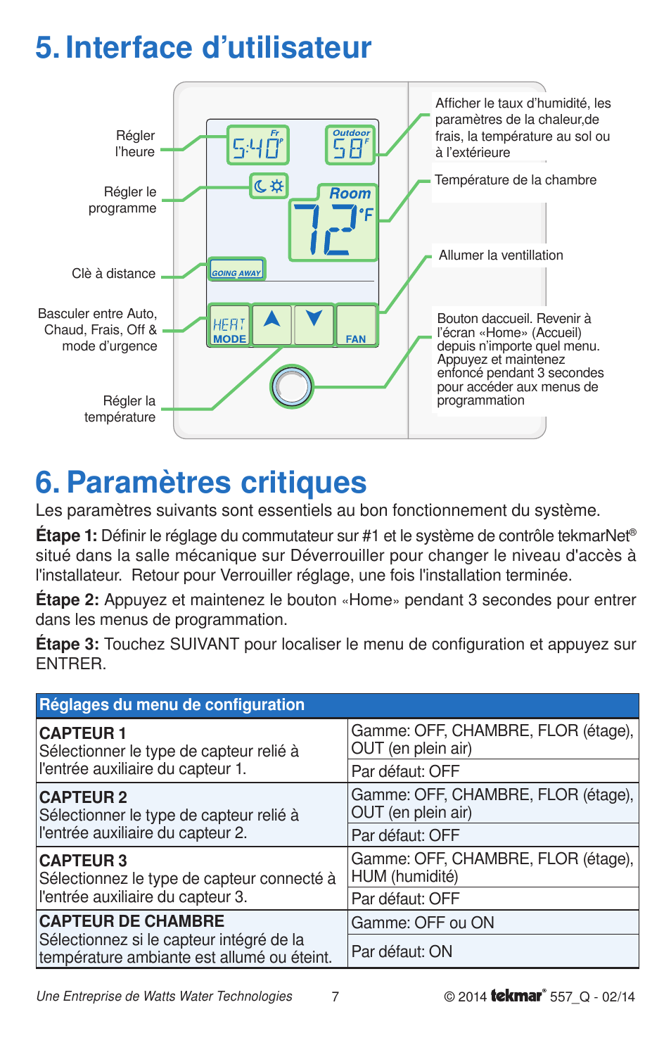 Interface d’utilisateur 6. paramètres critiques | tekmar 557 Thermostat Quick Start User Manual | Page 7 / 12