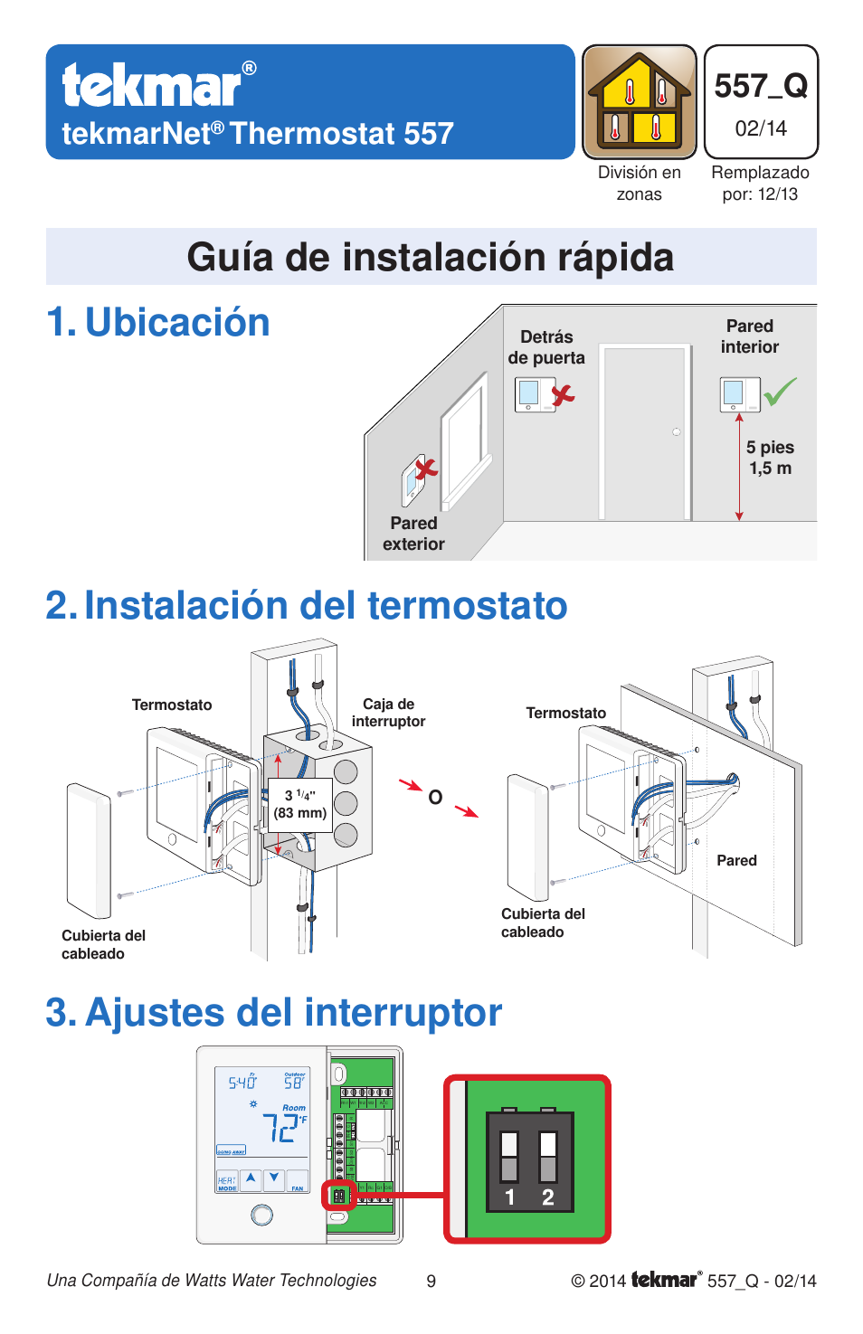 Ubicación 2. instalación del termostato, Ajustes del interruptor, Guía de instalación rápida | 557_q, Tekmarnet, Thermostat 557 | tekmar 557 Thermostat Quick Start User Manual | Page 9 / 12