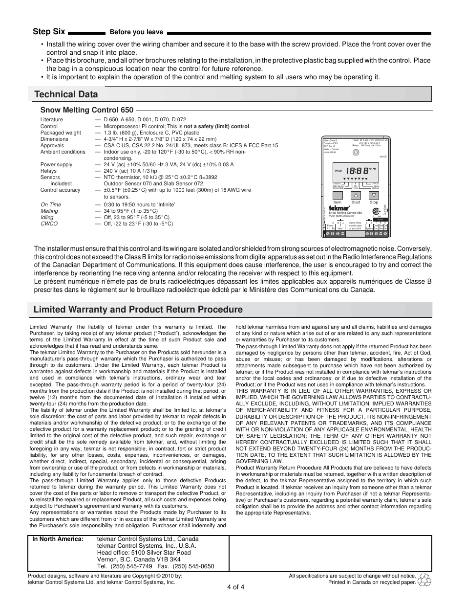 Technical data, Limited warranty and product return procedure, Step six | Snow melting control 650, 4 of 4 | tekmar 650 Snow Melting Control User Manual | Page 4 / 4