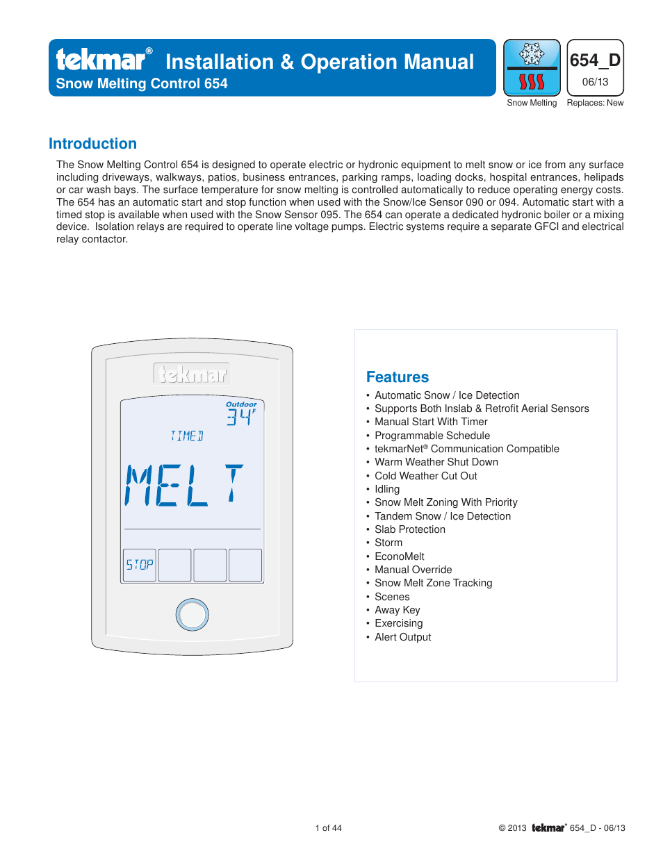 tekmar 654 Snow Melting Control Installation User Manual | 44 pages