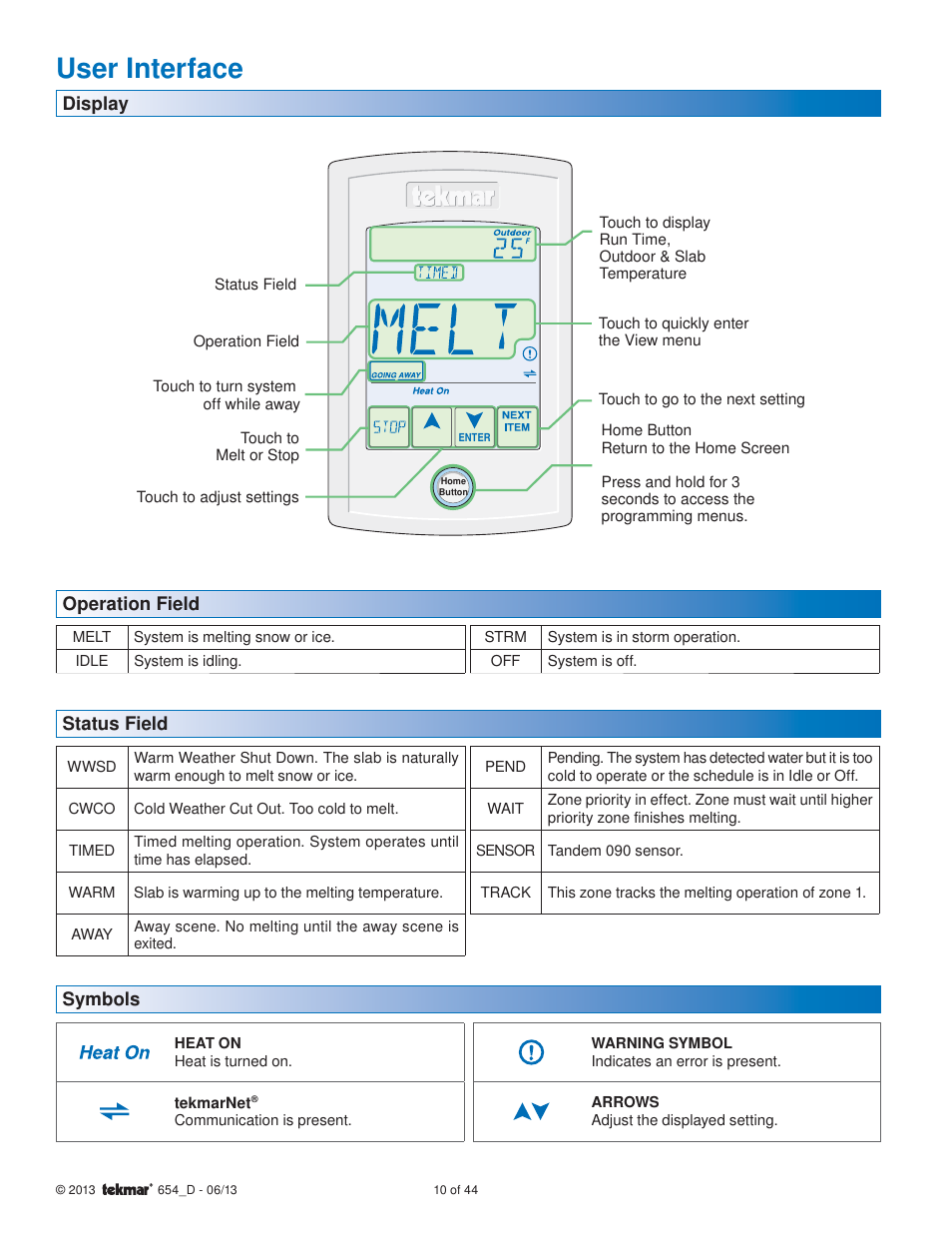 User interface | tekmar 654 Snow Melting Control Installation User Manual | Page 10 / 44