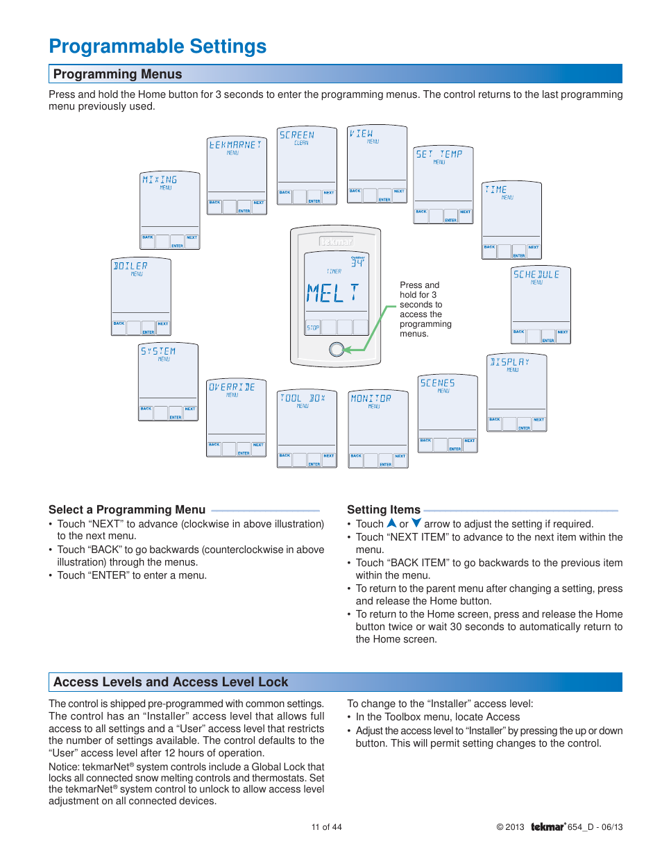 Programmable settings | tekmar 654 Snow Melting Control Installation User Manual | Page 11 / 44