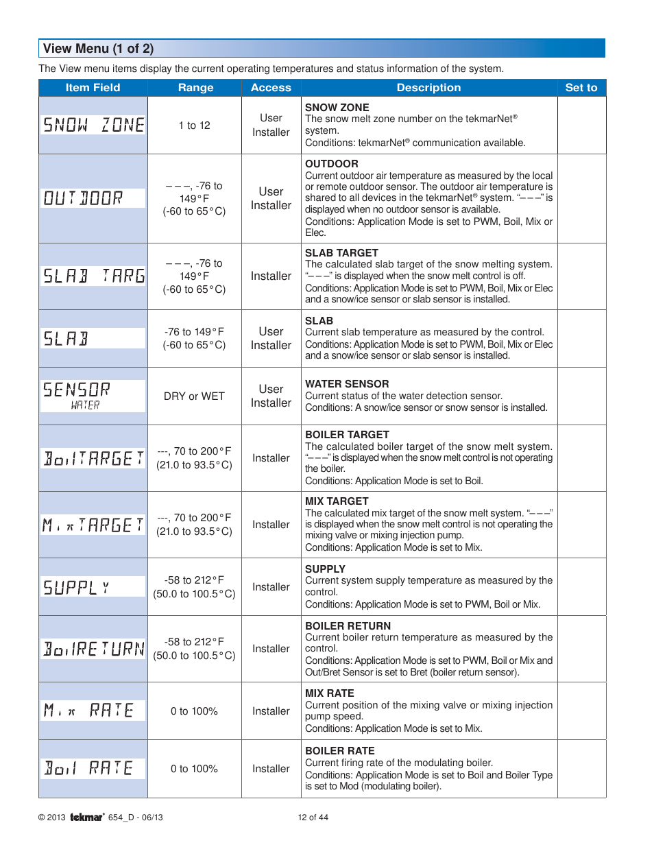 View menu (1 of 2) | tekmar 654 Snow Melting Control Installation User Manual | Page 12 / 44