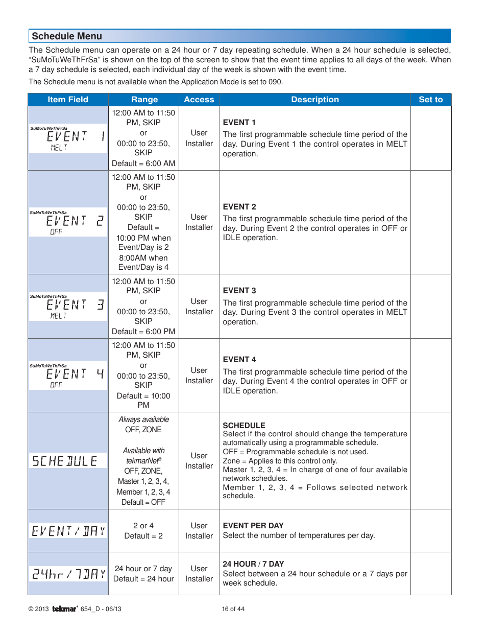 Schedule menu | tekmar 654 Snow Melting Control Installation User Manual | Page 16 / 44