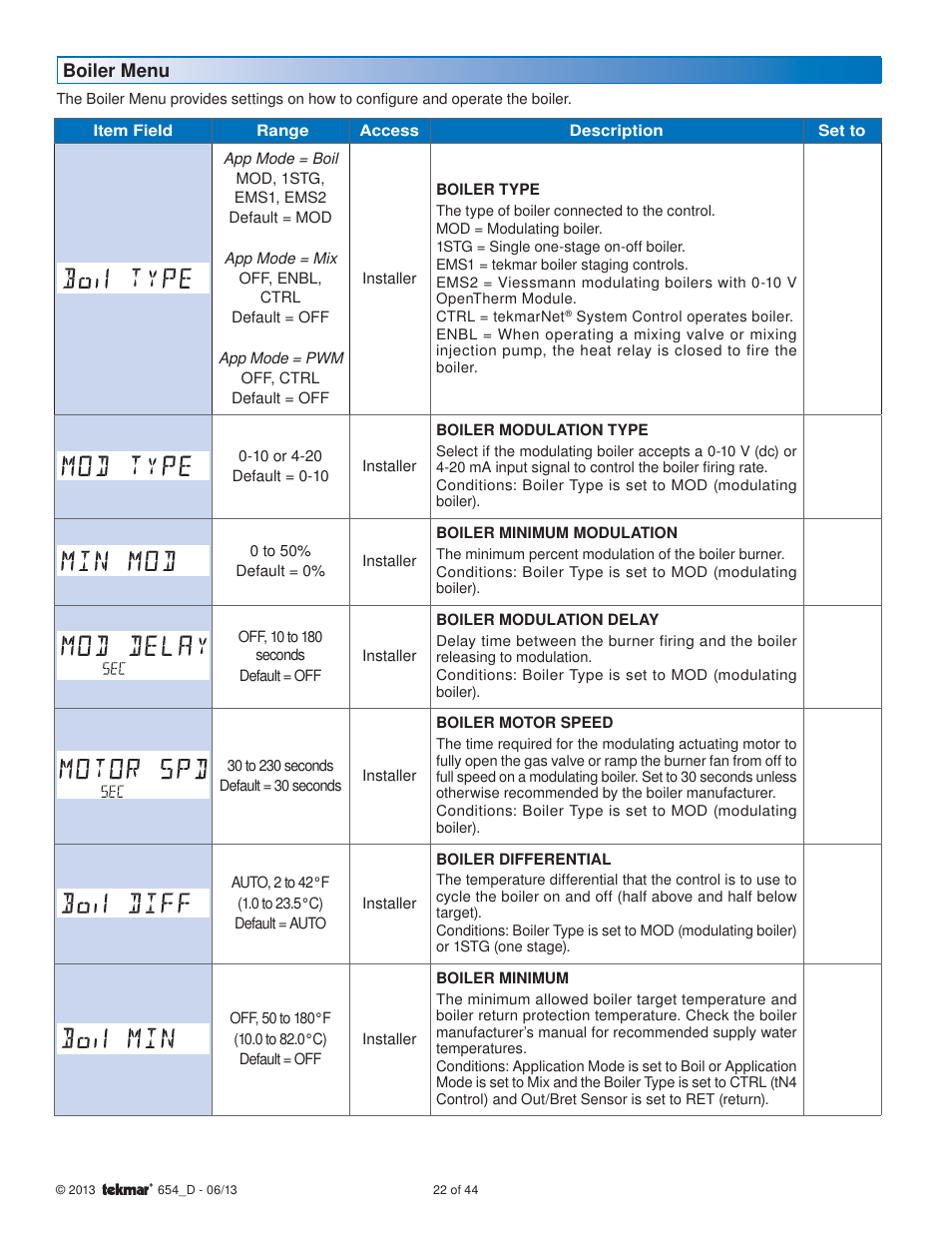 Boiler menu | tekmar 654 Snow Melting Control Installation User Manual | Page 22 / 44