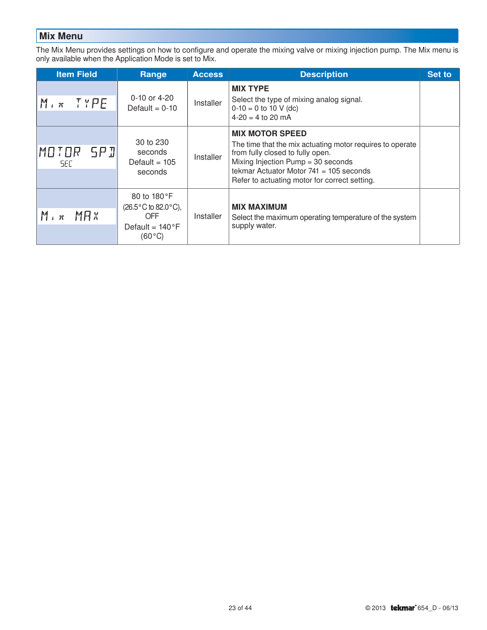 Mix menu | tekmar 654 Snow Melting Control Installation User Manual | Page 23 / 44