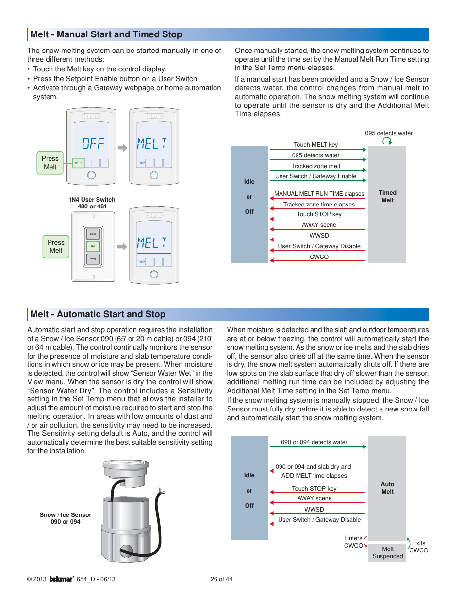 Melt - manual start and timed stop, Melt - automatic start and stop | tekmar 654 Snow Melting Control Installation User Manual | Page 26 / 44