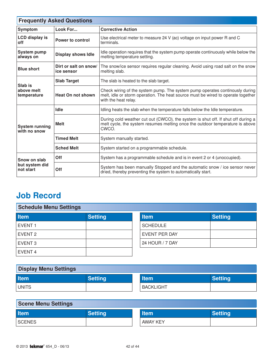 Job record | tekmar 654 Snow Melting Control Installation User Manual | Page 42 / 44