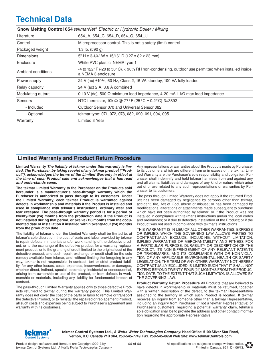 Technical data, Limited warranty and product return procedure | tekmar 654 Snow Melting Control Installation User Manual | Page 44 / 44