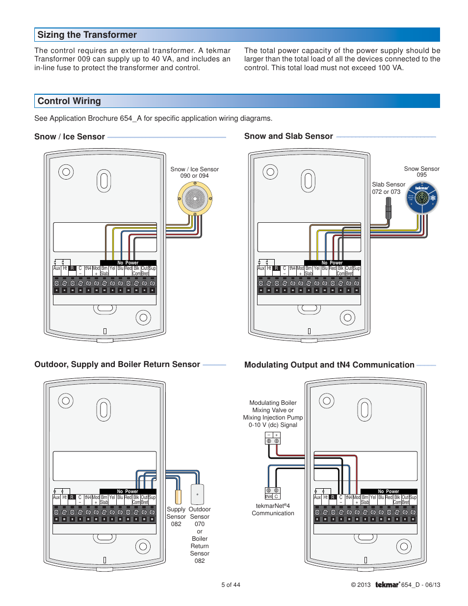 Control wiring, Sizing the transformer, Modulating output and tn4 communication | tekmar 654 Snow Melting Control Installation User Manual | Page 5 / 44