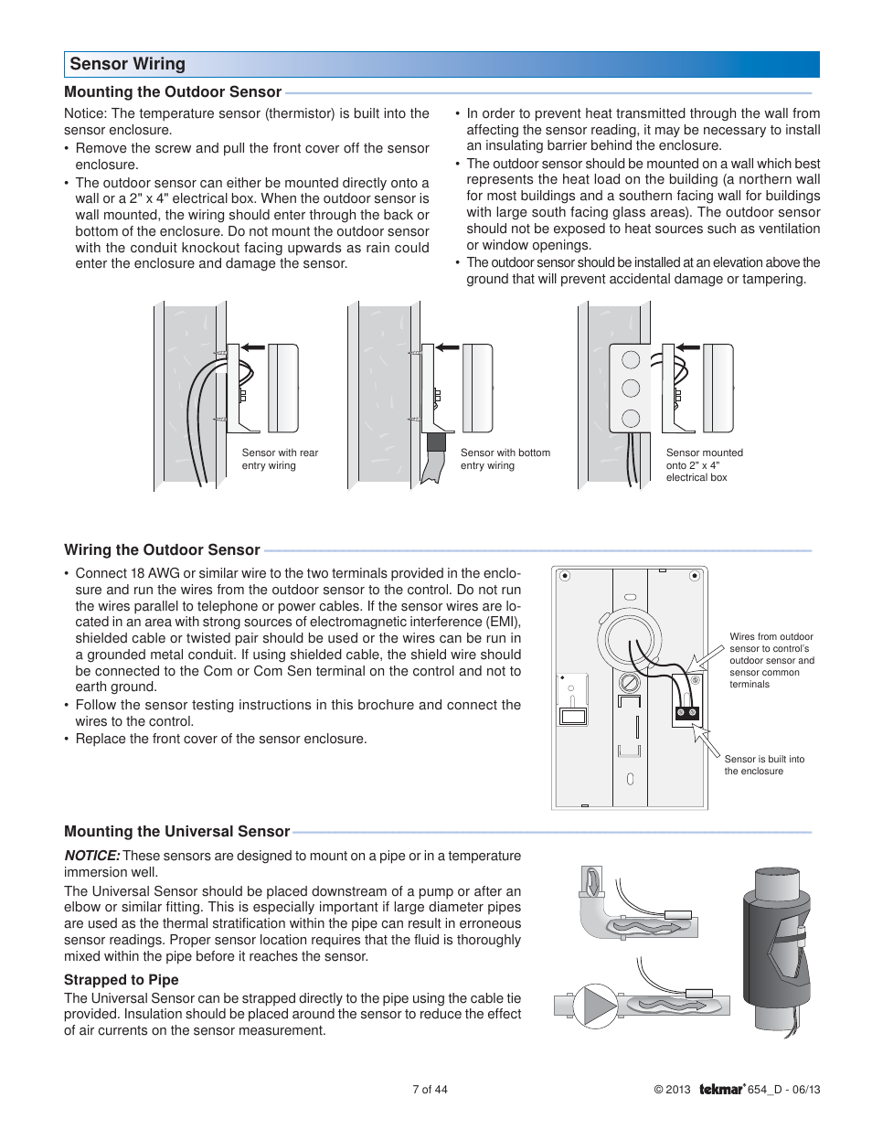 Sensor wiring | tekmar 654 Snow Melting Control Installation User Manual | Page 7 / 44
