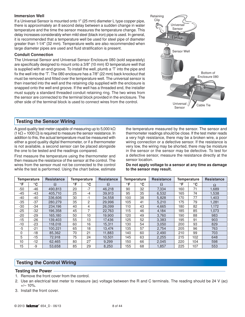 Testing the sensor wiring, Testing the control wiring | tekmar 654 Snow Melting Control Installation User Manual | Page 8 / 44