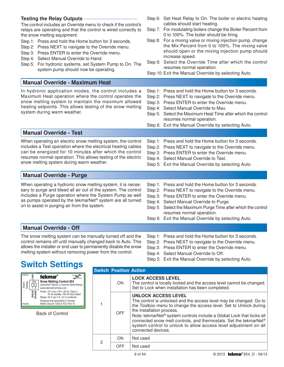 Switch settings, Manual override - maximum heat, Manual override - purge | Manual override - off, Manual override - test | tekmar 654 Snow Melting Control Installation User Manual | Page 9 / 44