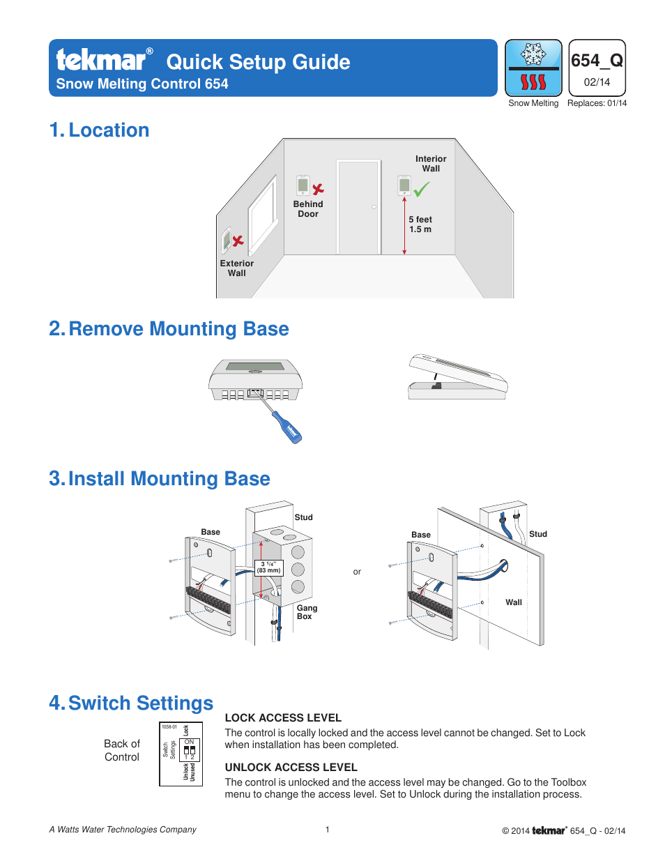 tekmar 654 Snow Melting Control Quick Start User Manual | 8 pages