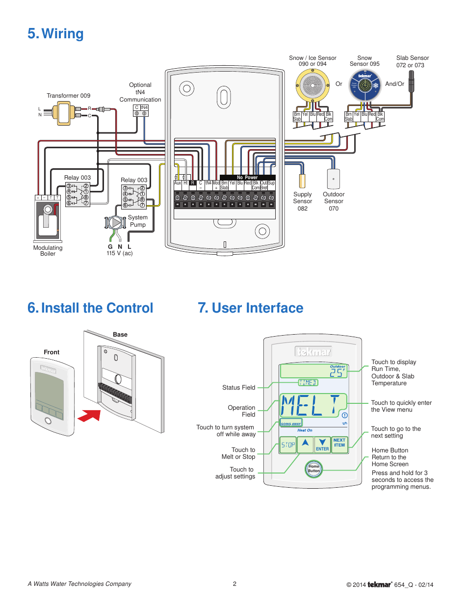 Install the control, User interface, Wiring | tekmar 654 Snow Melting Control Quick Start User Manual | Page 2 / 8