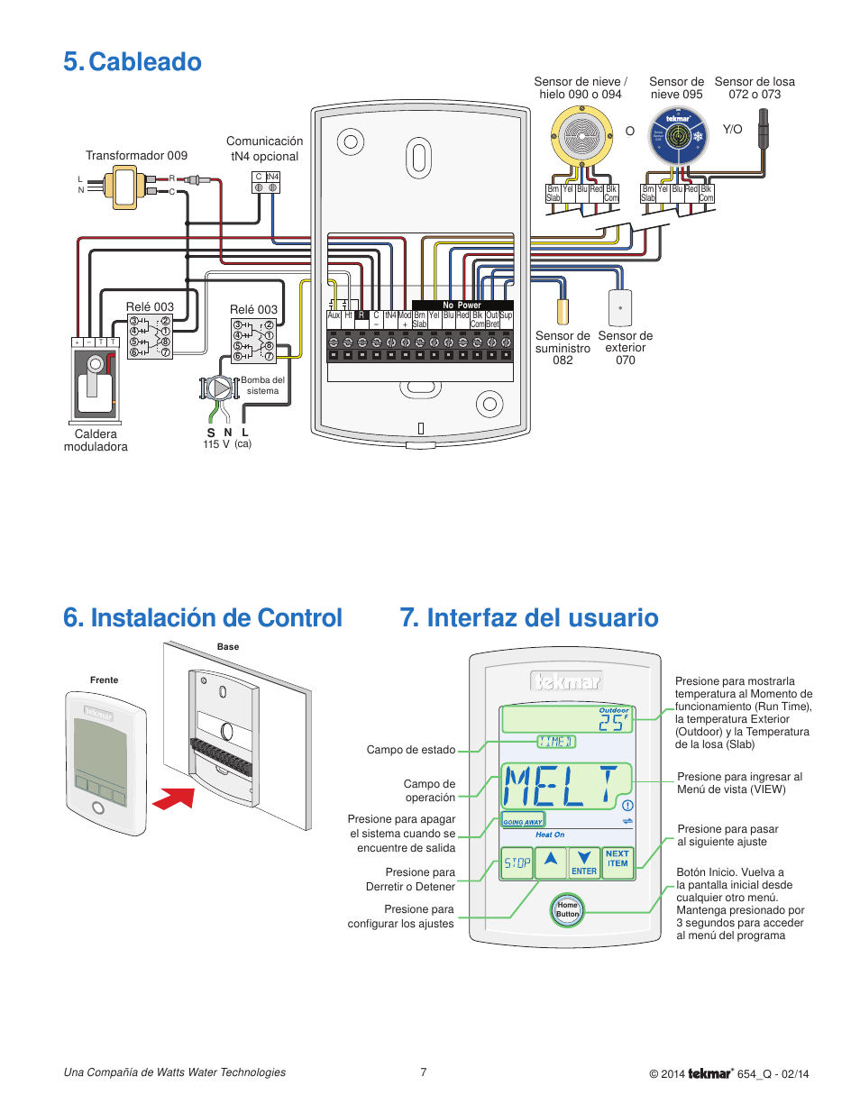 Cableado, Instalación de control, Interfaz del usuario | tekmar 654 Snow Melting Control Quick Start User Manual | Page 7 / 8