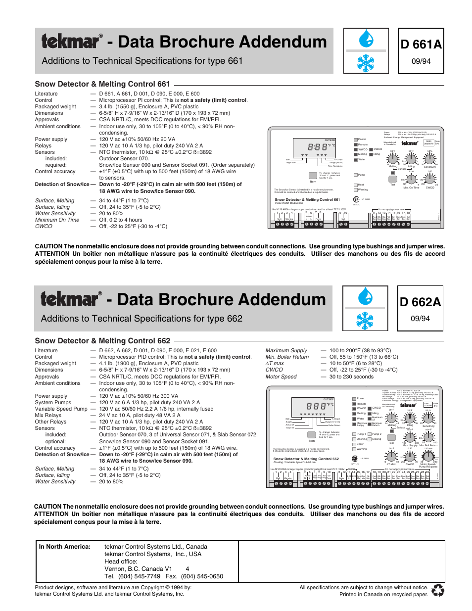 D661a - addendum specs, Data brochure addendum, D 661a | D 662a, Additions to technical specifications for type 661, Additions to technical specifications for type 662, Snow detector & melting control 662, Snow detector & melting control 661, Surface, melting, Surface, idling | tekmar 661 Snow Detector & Melting Control User Manual | Page 9 / 9