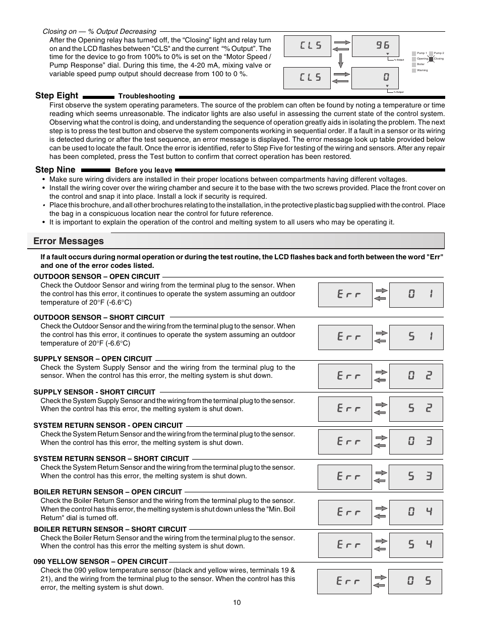 Error messages, Step eight, Step nine | tekmar 662 Snow Detector & Melting Control User Manual | Page 10 / 12