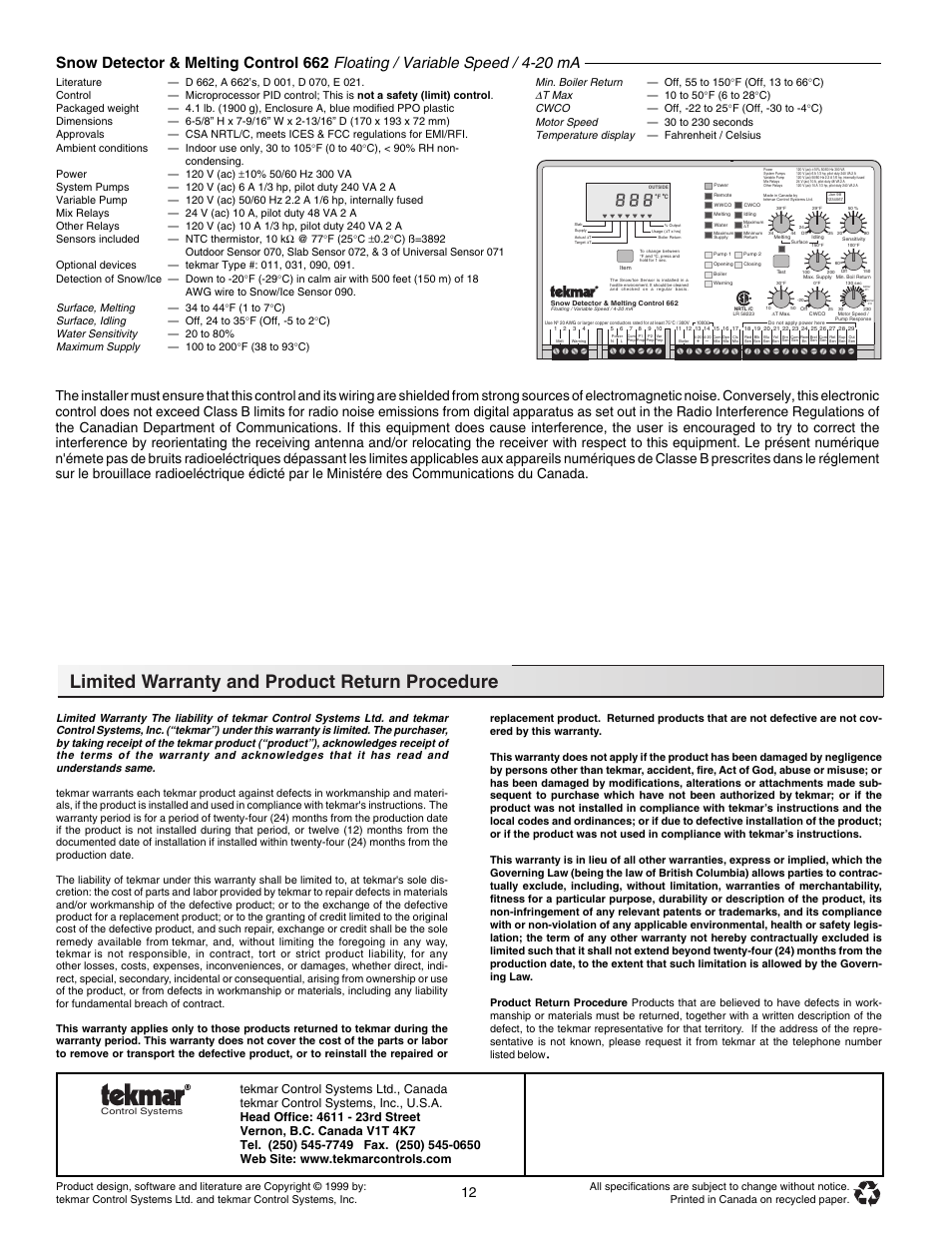 Technical data, Limited warranty and product return procedure, Surface, melting | Surface, idling, Water sensitivity, Maximum supply, Min. boiler return, T max, Cwco, Motor speed | tekmar 662 Snow Detector & Melting Control User Manual | Page 12 / 12