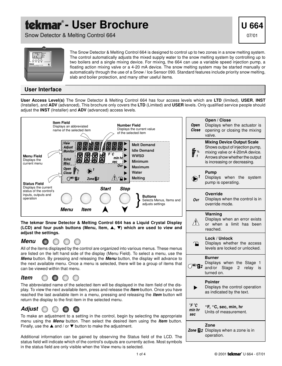 tekmar 664 Snow Detector & Melting Control User Manuals User Manual | 4 pages