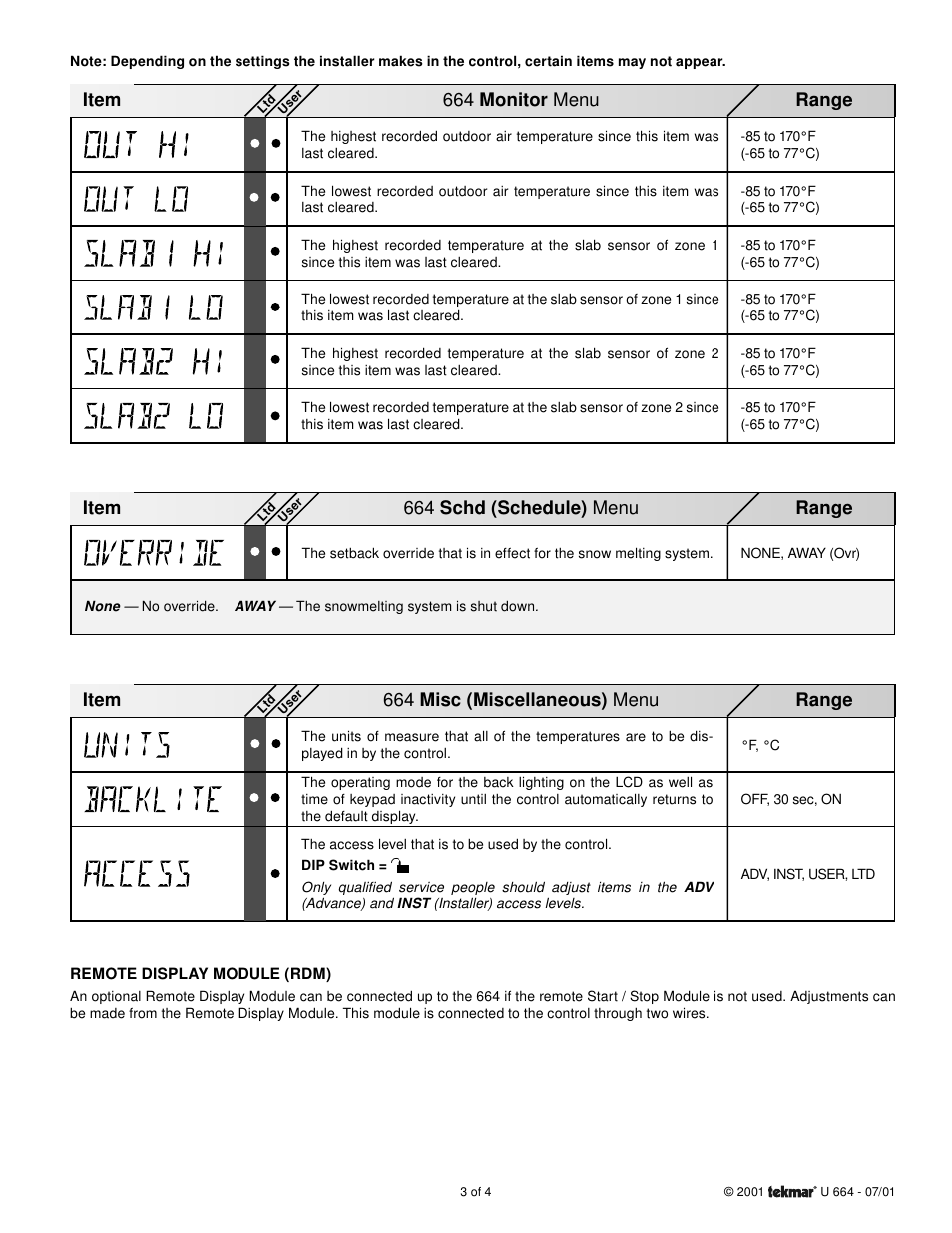Item range, 664 monitor menu, 664 schd (schedule) menu | 664 misc (miscellaneous) menu | tekmar 664 Snow Detector & Melting Control User Manuals User Manual | Page 3 / 4