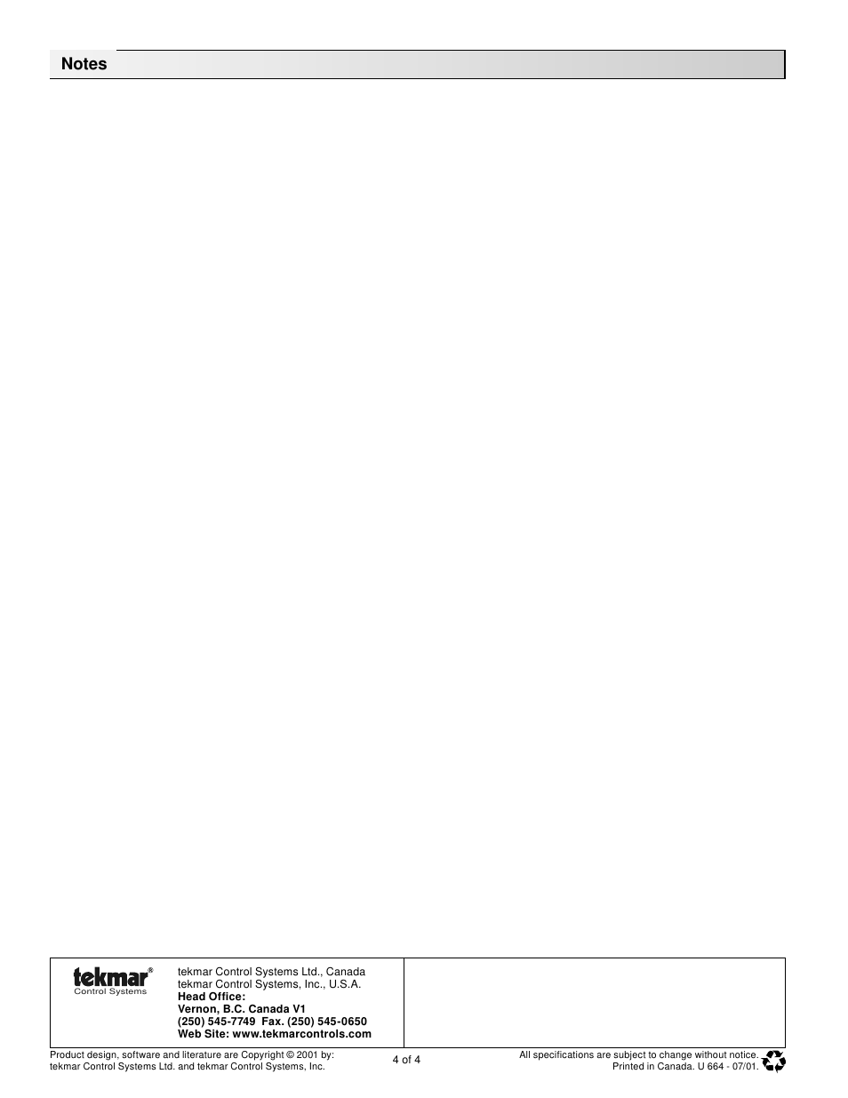 tekmar 664 Snow Detector & Melting Control User Manuals User Manual | Page 4 / 4